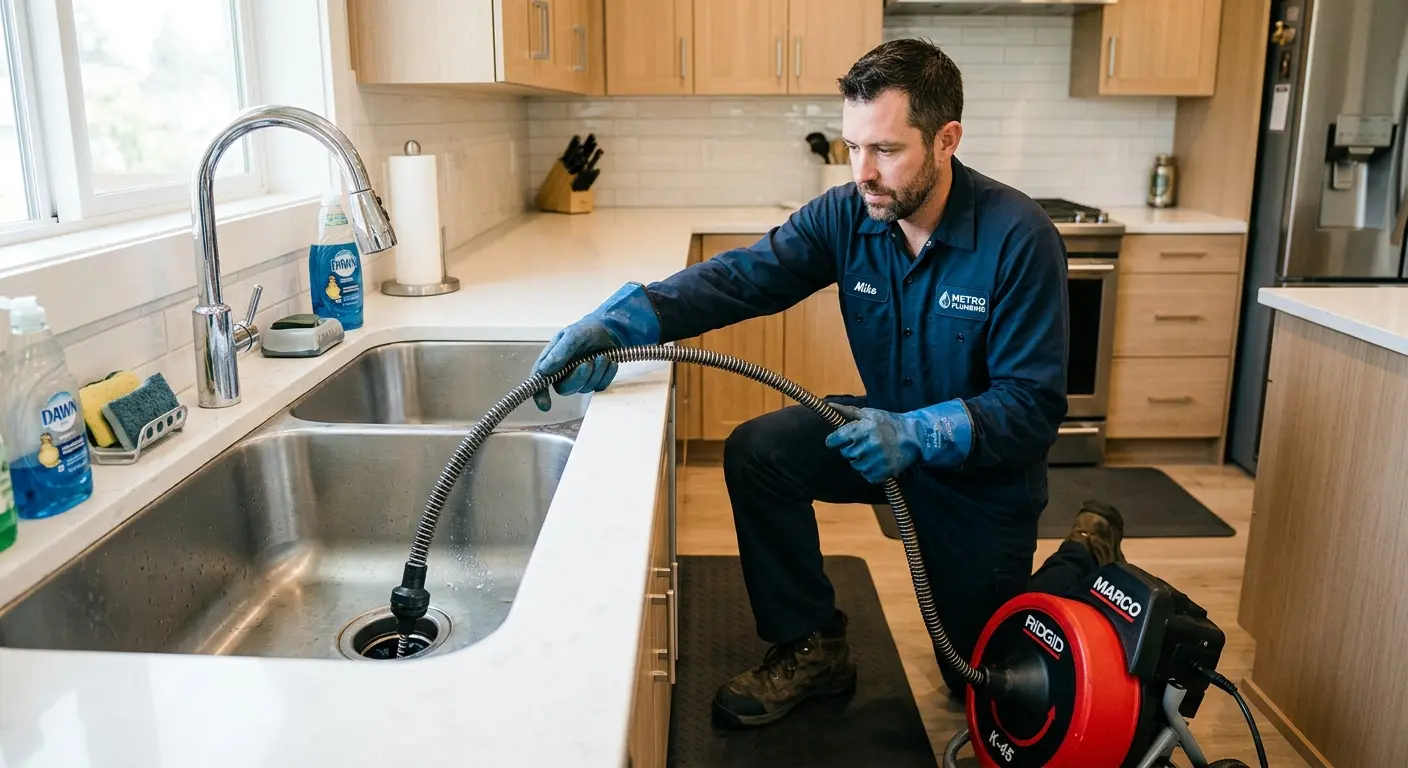 Drain cleaning technician using a motorized snake on a kitchen sink in Woburn