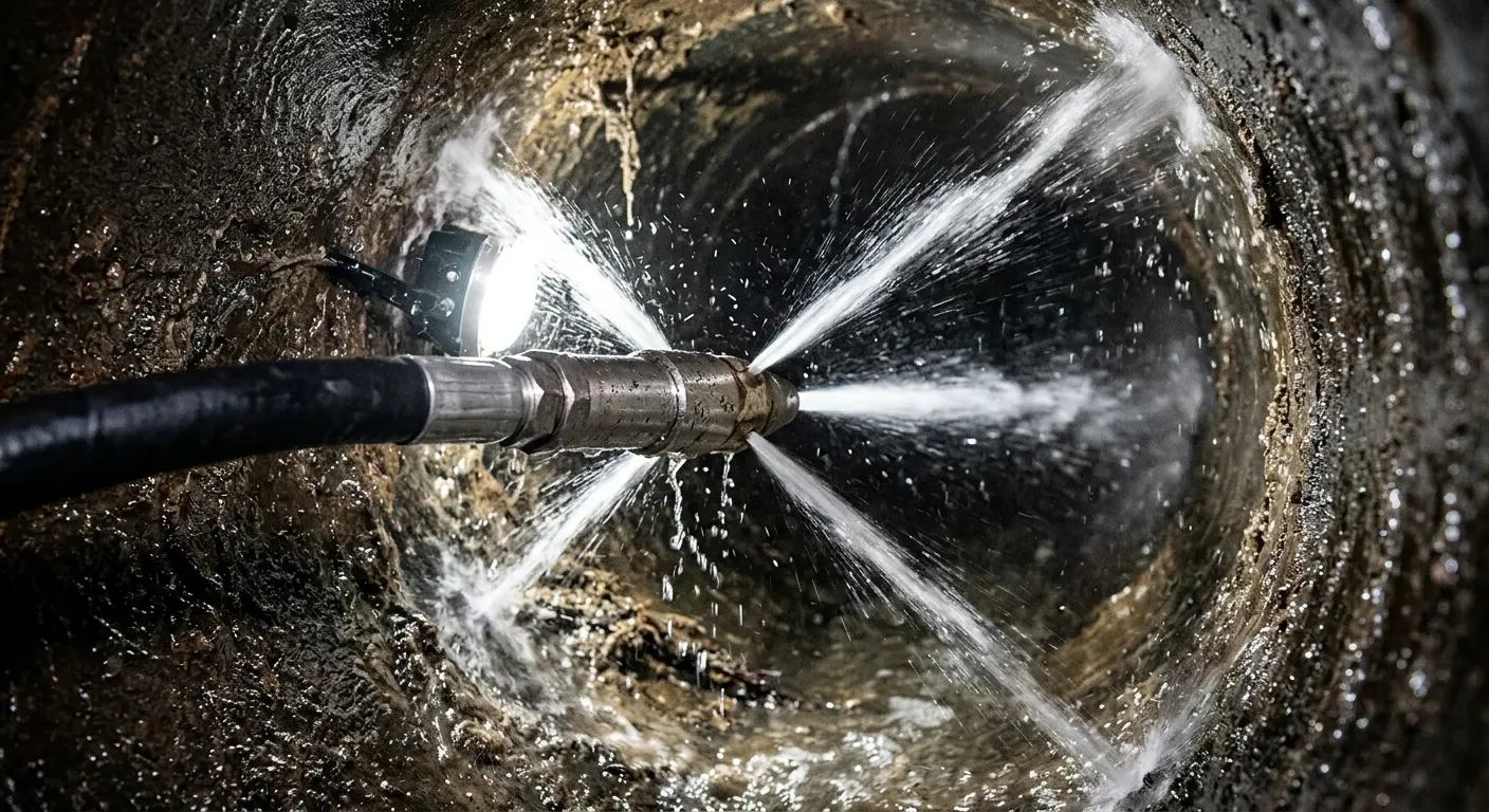 High-pressure hydro jetting nozzle cleaning sewer pipe for Sewer Cleanout in Woburn