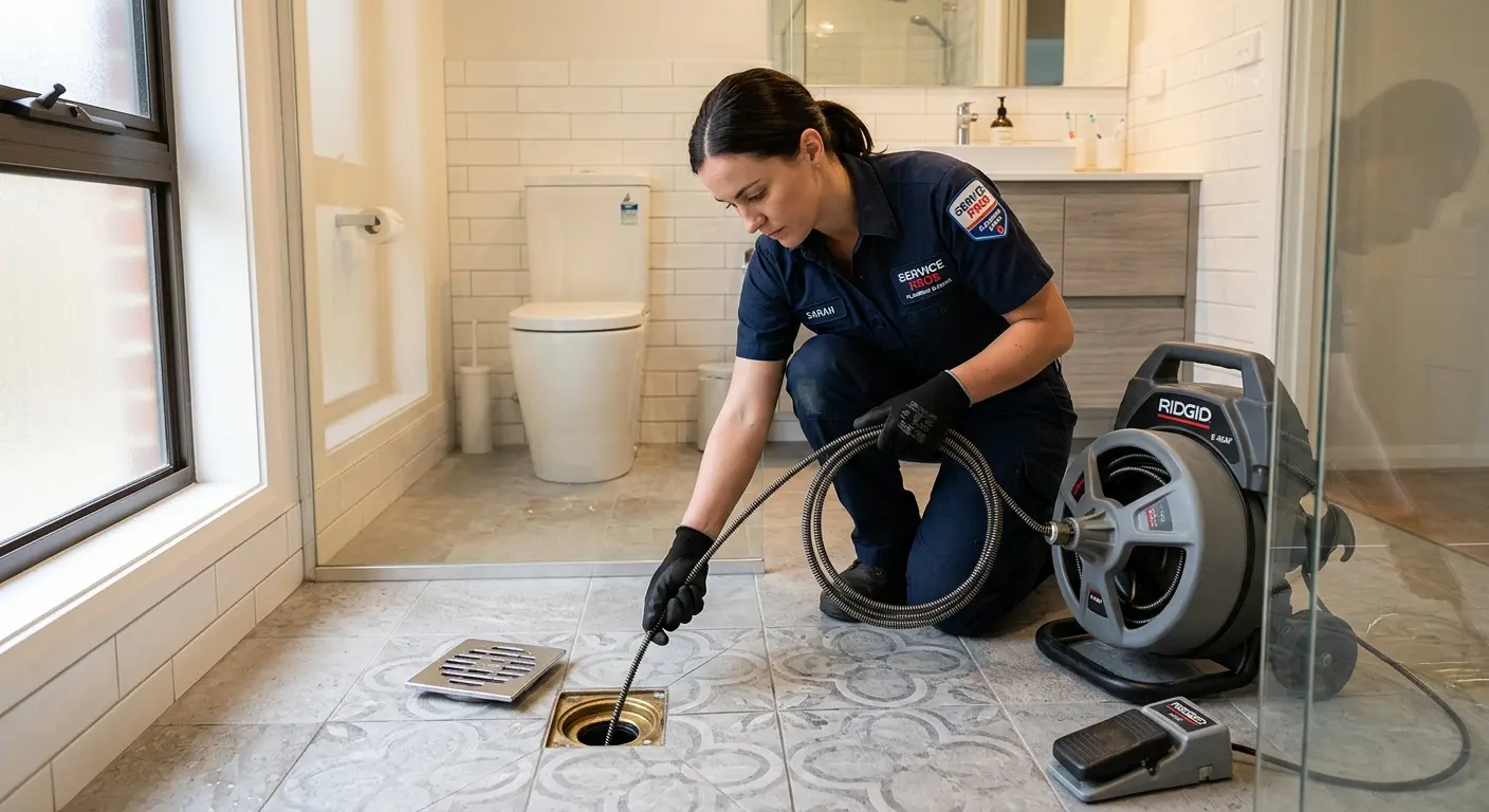 Technician clearing a bathroom floor drain for Sewer Line Installation in Woburn